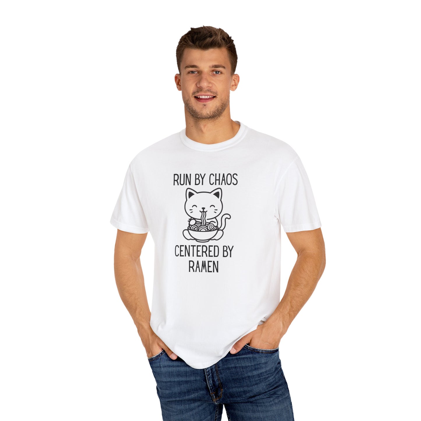 Run by Chaos Centered by Ramen | Cute Comfort Colors Cat Noodle Bowl Shirt