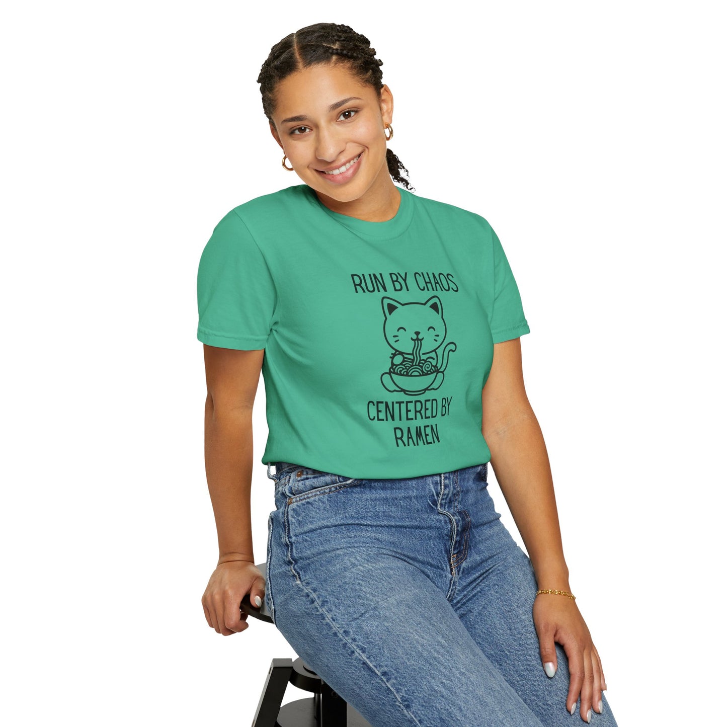 Run by Chaos Centered by Ramen | Cute Comfort Colors Cat Noodle Bowl Shirt