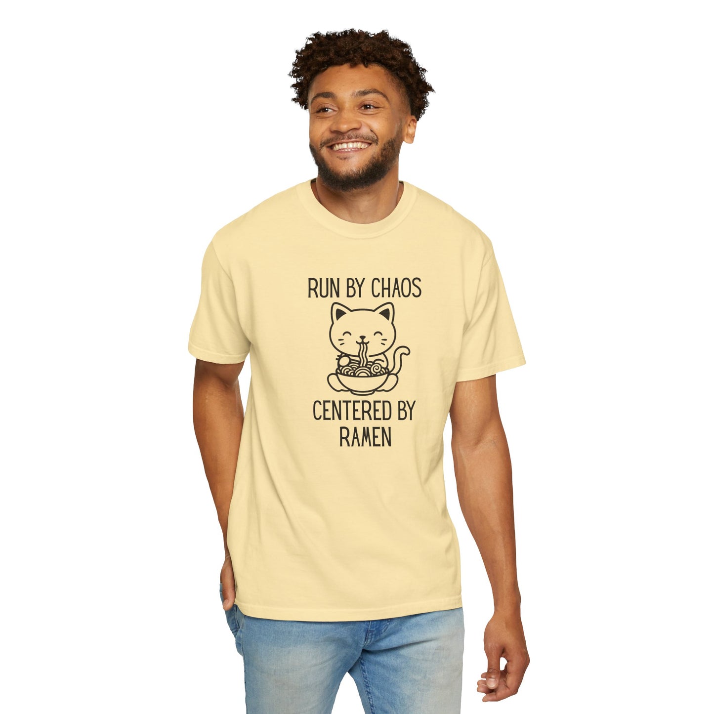 Run by Chaos Centered by Ramen | Cute Comfort Colors Cat Noodle Bowl Shirt