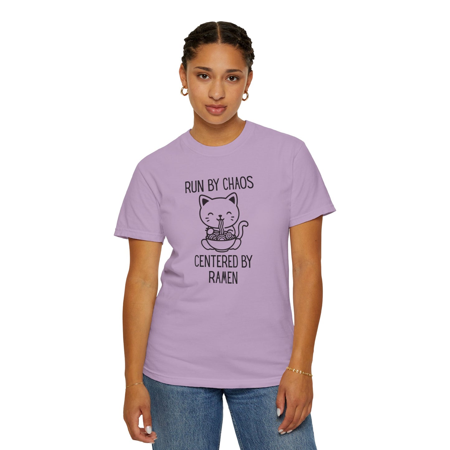 Run by Chaos Centered by Ramen | Cute Comfort Colors Cat Noodle Bowl Shirt