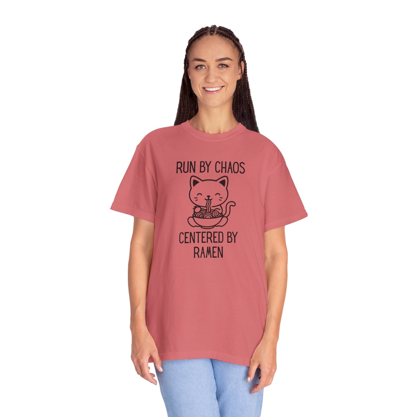 Run by Chaos Centered by Ramen | Cute Comfort Colors Cat Noodle Bowl Shirt
